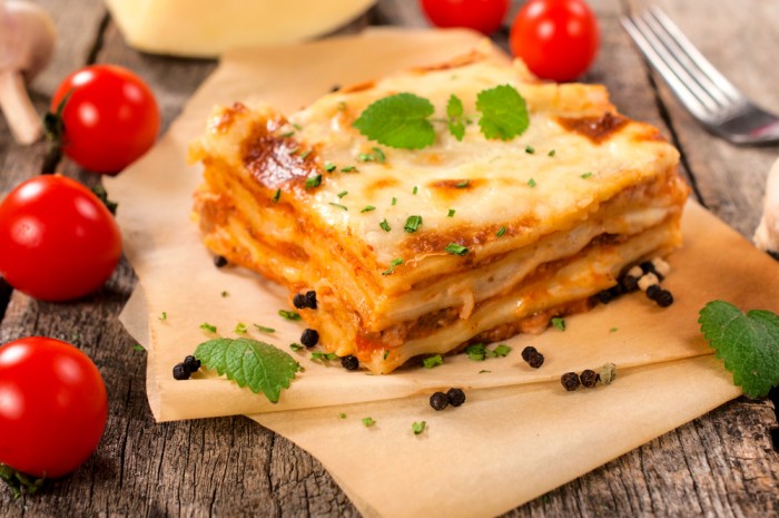 Selective focus in the middle of homemade lasagna